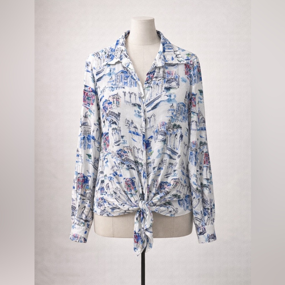 Karen Kane Blue and White Patterned Button-Down Shirt